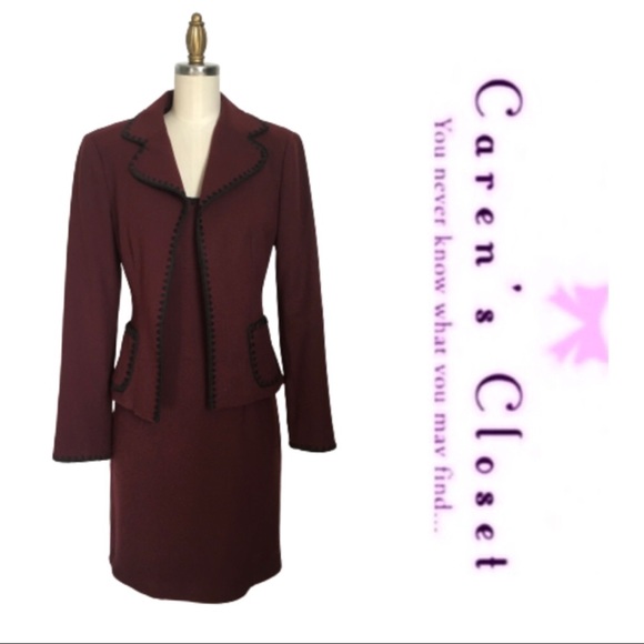 Nanette Lenore Burgundy & Black Whip Stitched Sleeveless Sheath Dress & Blazer. - Picture 2 of 6